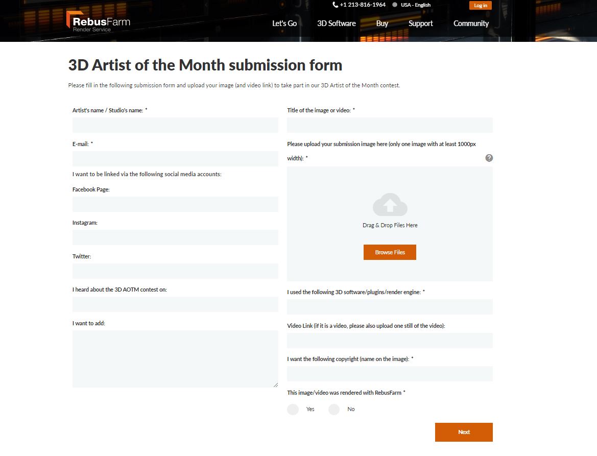RebusFarm's 3D Artist of the Month submission form