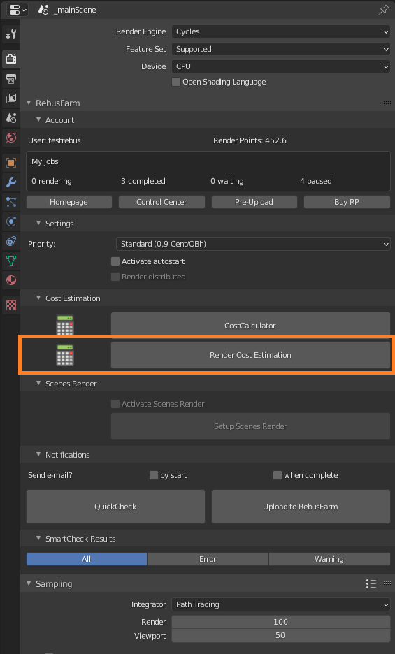 Rebus Farminizer menu - Render Cost Estimation button