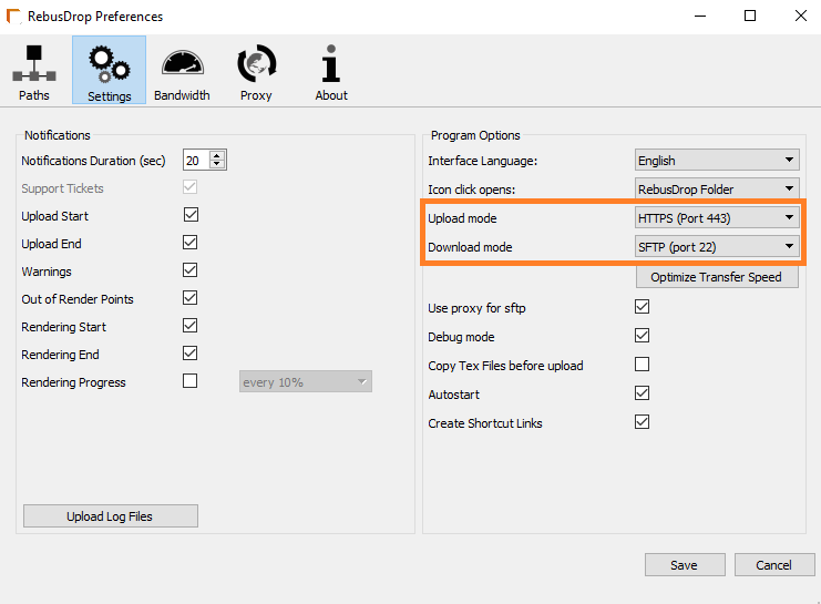 RebusDrop Preferences window - up/download mode option