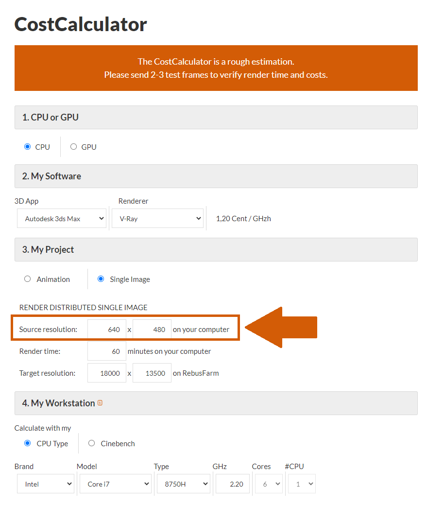 Render farm CostCalculator source resolution selection