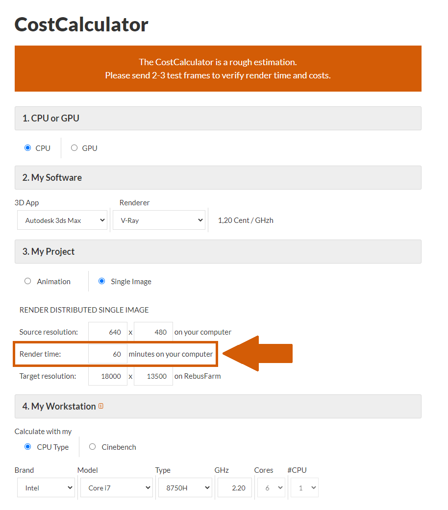 Render farm CostCalculator render time selection