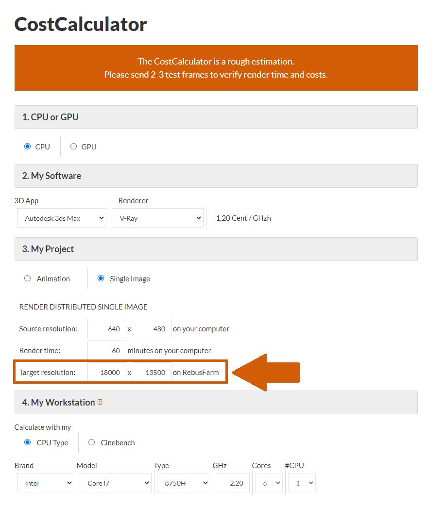 Render farm CostCalculator target resolution selection