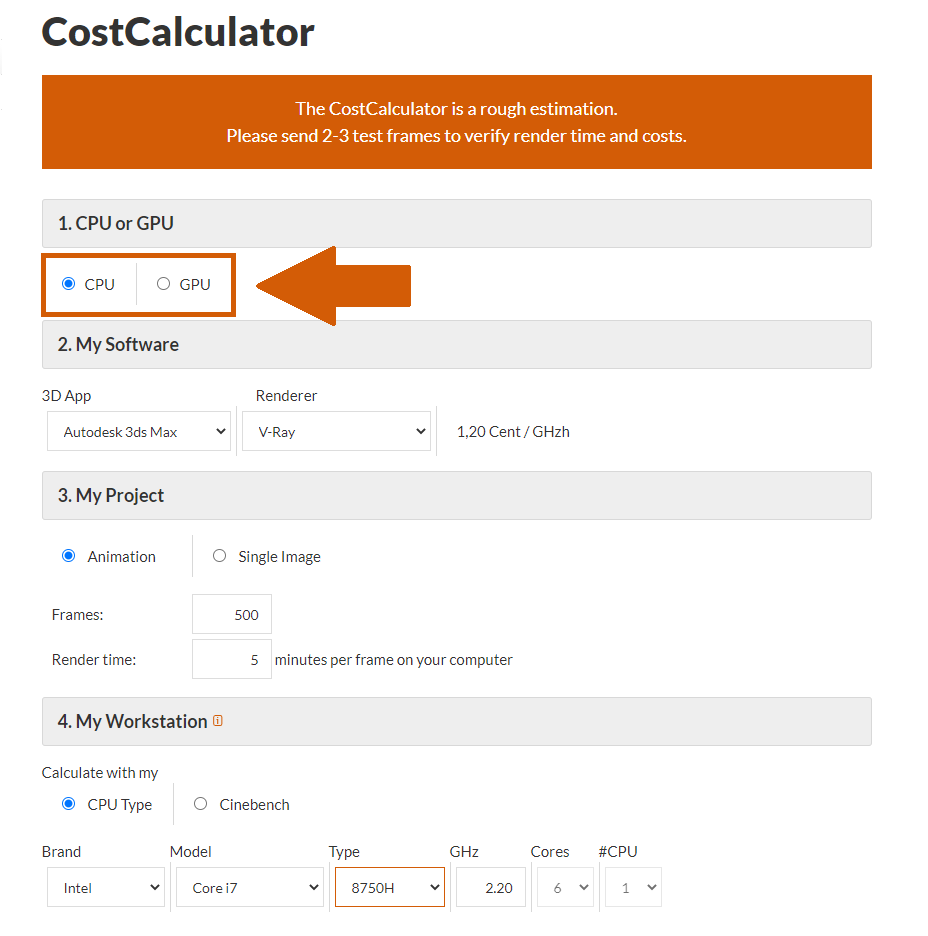 Render farm CostCalculator CPU or GPU selection