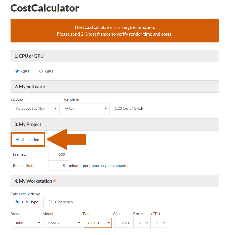 Render farm CostCalculator animation selection