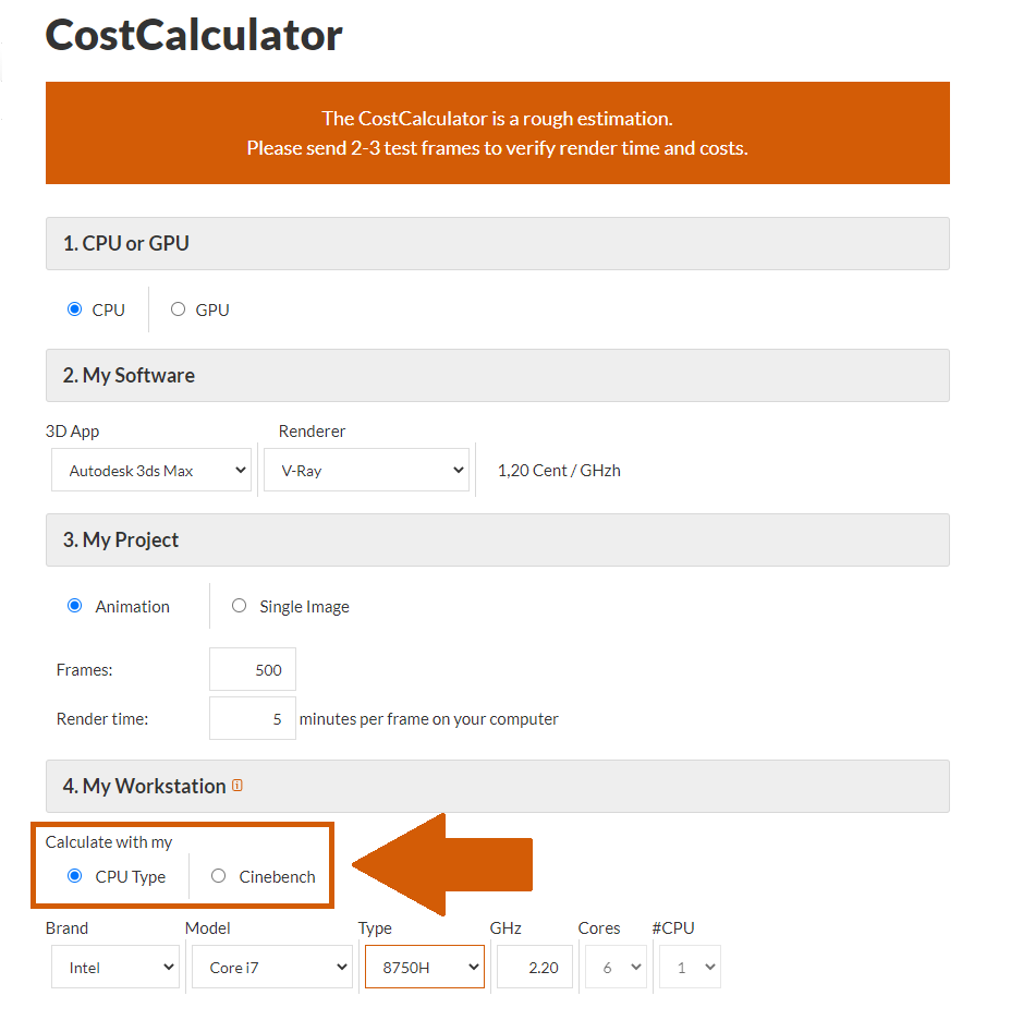 Render farm CostCalculator my workstation selection