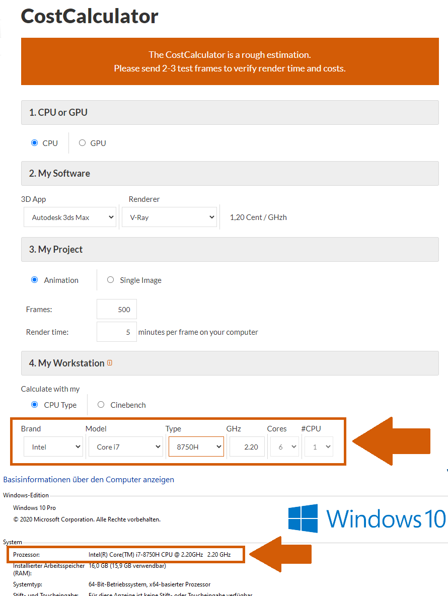 CostCalculator CPU type information