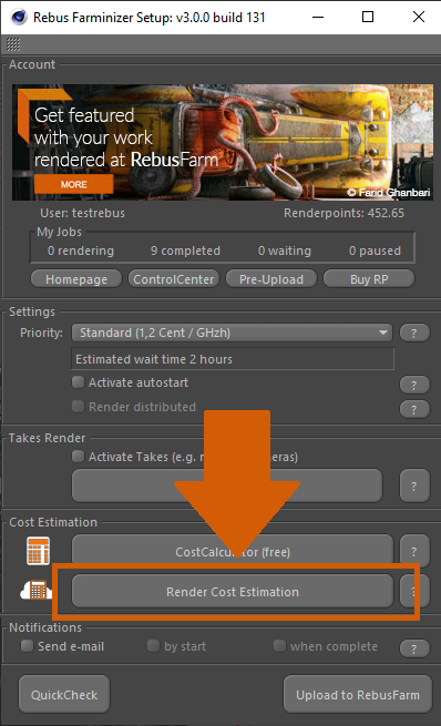 Rebus Farminizer Render Cost Estimation button