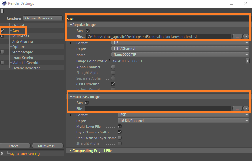 3D Render Setup for Cinema 4D with Octane Renderer - file saving options