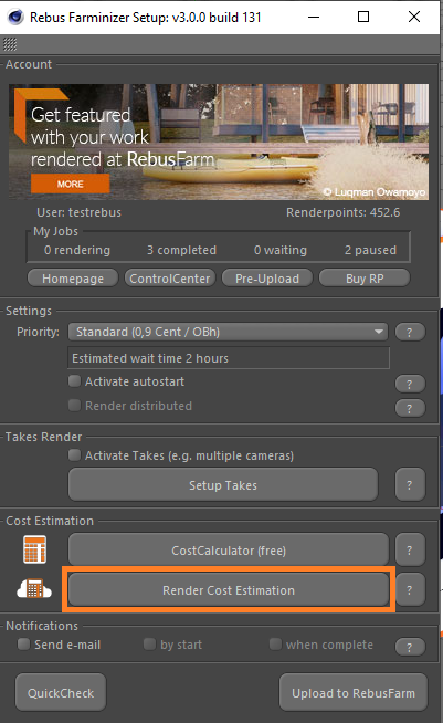 Rebus Farminizer menu - Render Cost Estimation button