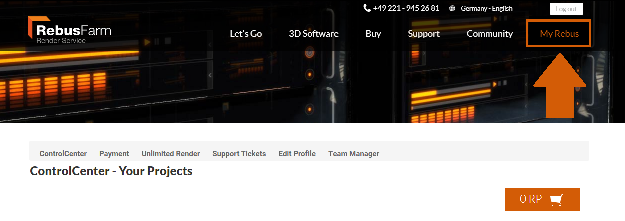 'My Rebus' button on the render farm website menu