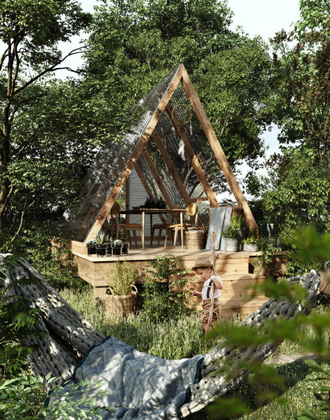 Wood cabin in the forest 