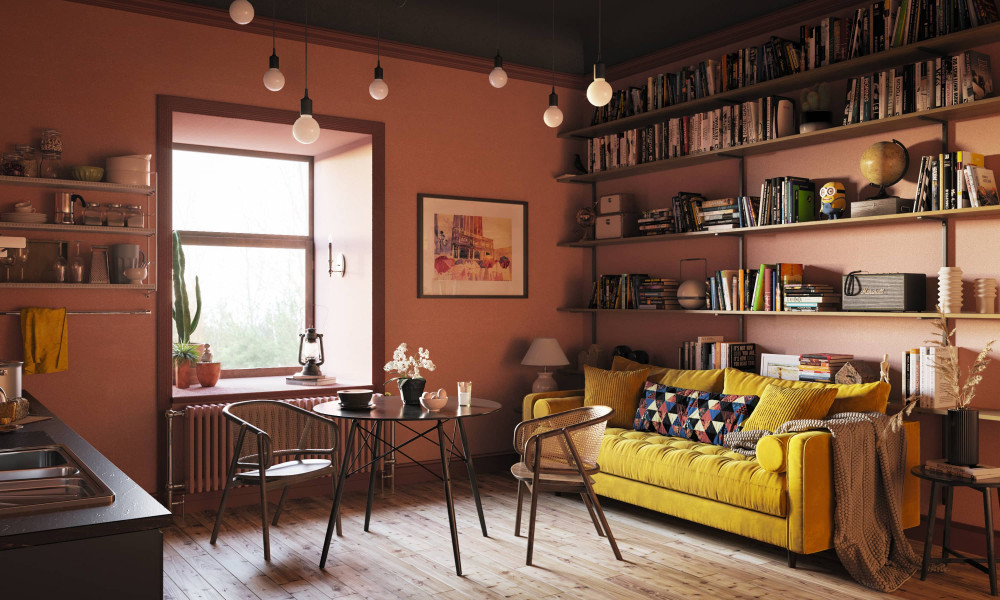 Small apartment with yellow sofa