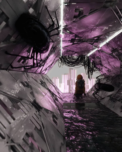 Astronaut in spaceship with giant spiders