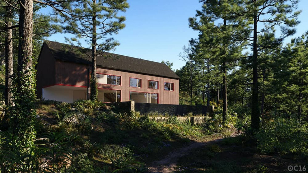 Rendered house in the forest 