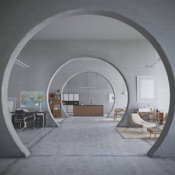 White modern oval apartment Archviz