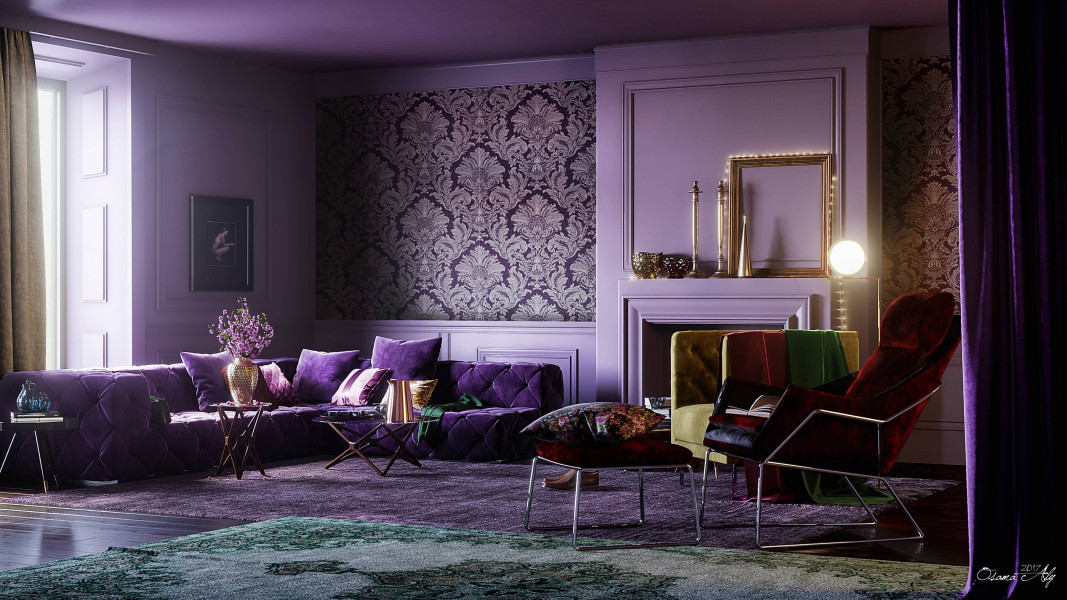 Living room with purple couch Archviz