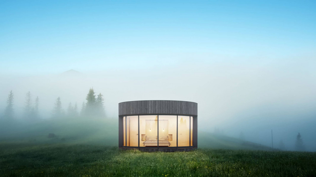 Archviz of a Round House in a field